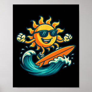 Poster Soleil de dessin animé surfant sur la vague de la