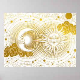 Poster Soleil et lune céleste vintages sur blanc
