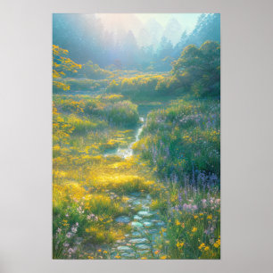 Poster Soleil matinal au-dessus d'un marais vert verdoyan