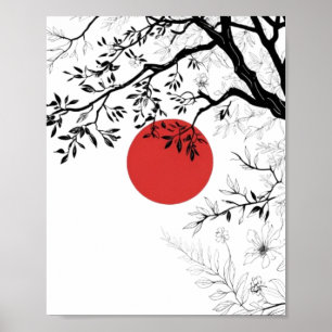 Poster Soleil Rouge Japonais & Art de l'Arbre au Pinceau