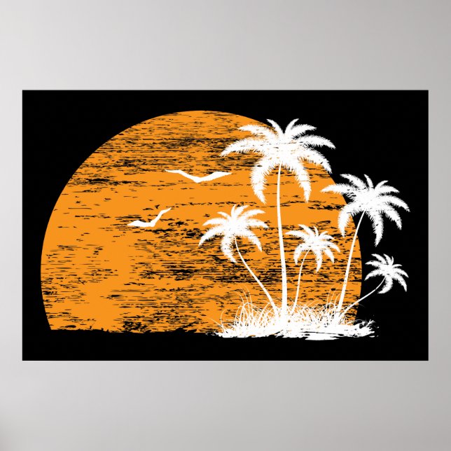 Poster Soleil tropical, palmiers et oiseaux (Devant)