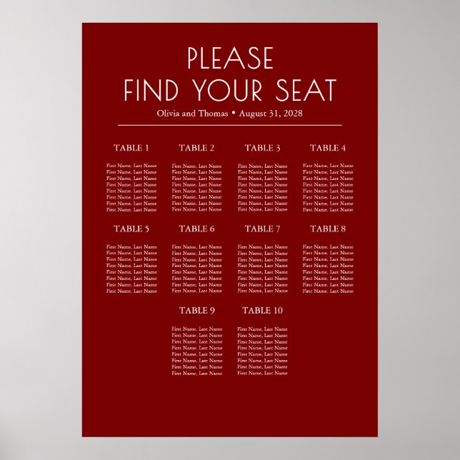 Poster Solid Burgundy Red Modern Wedding Seating Chart (Devant)