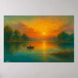 Poster Solitude au coucher du soleil - Pêcheur dans une r