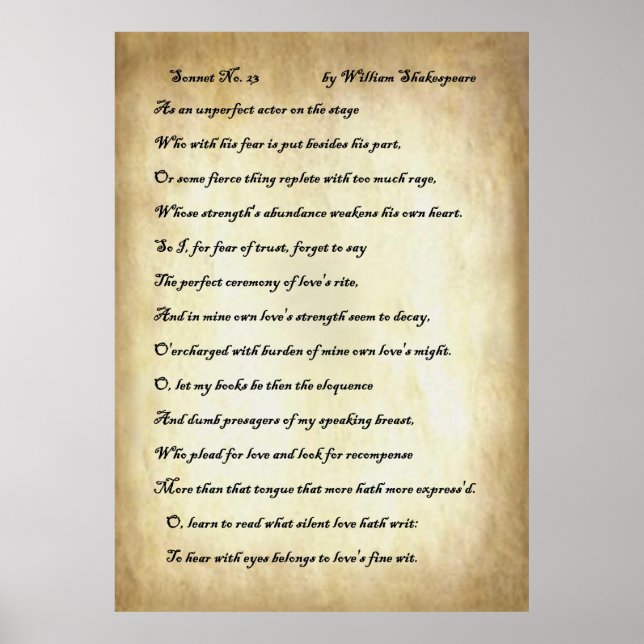 Poster Sonnet no 23 de William Shakespeare (Devant)