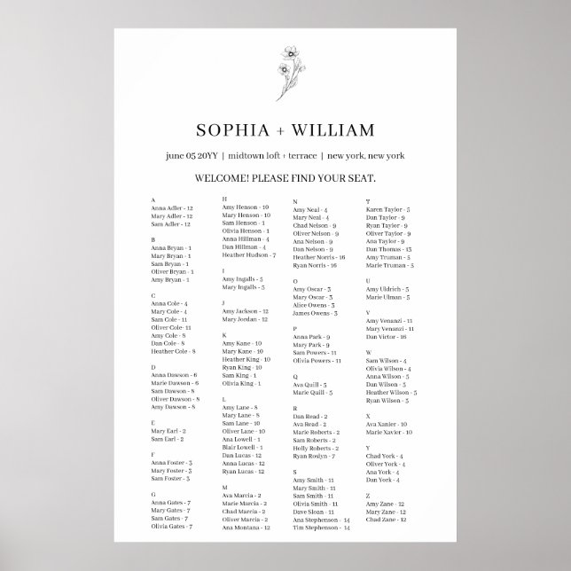 Poster Sophia Elegant Alphabetical Seating Chart (Devant)
