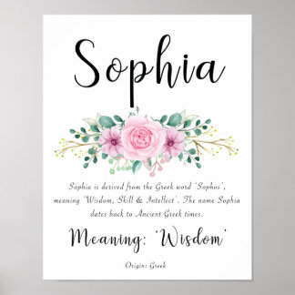 Poster Sophia Name Signifie Imprimer avec des fleurs rose