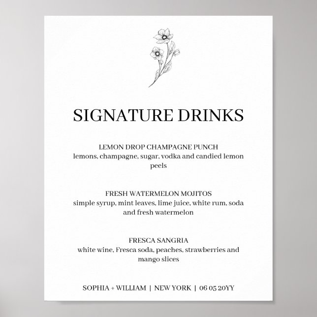 Poster Sophia Simple Signature Boissons Signet Mariage (Devant)