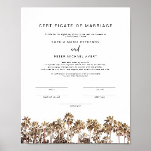 Poster SOPHIA Tropical Beach Palm Certificat de mariage P