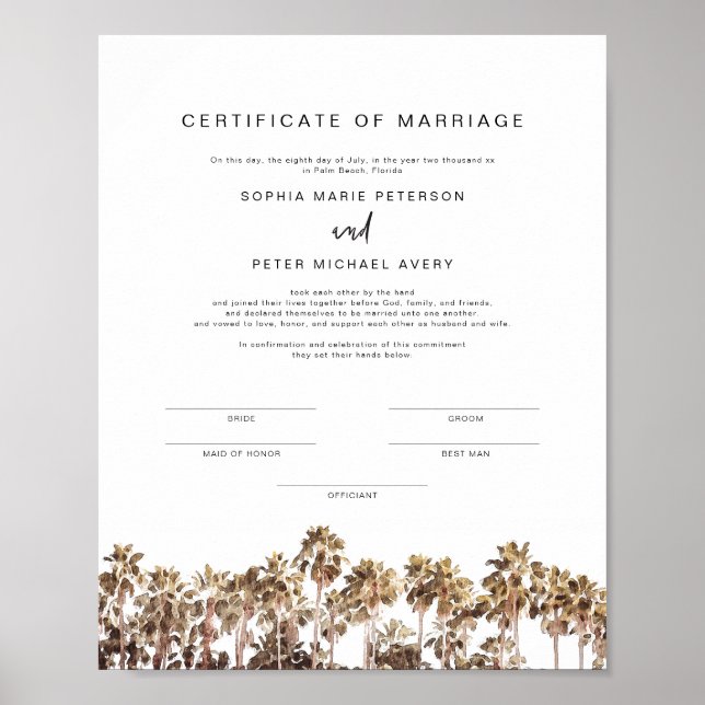 Poster SOPHIA Tropical Beach Palm Certificat de mariage P (Devant)