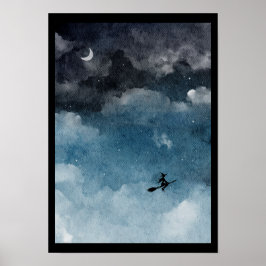 Poster Sorcière aquarelle sur un ciel nocturne sombre