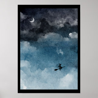 Poster Sorcière aquarelle sur un ciel nocturne sombre