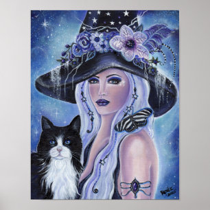 Poster Sorcière avec tuxedo cat art par Renee L. Lavoie