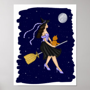 Poster Sorcière avec un chat orange sur un Broomstick