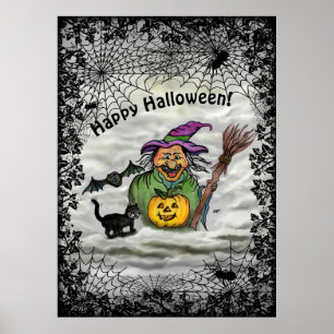 Poster Sorcière, Chat, Chauve-souris et Citrouille, Bonne