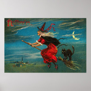 Poster Sorcière Chat Noir Volant Croissant de Lune