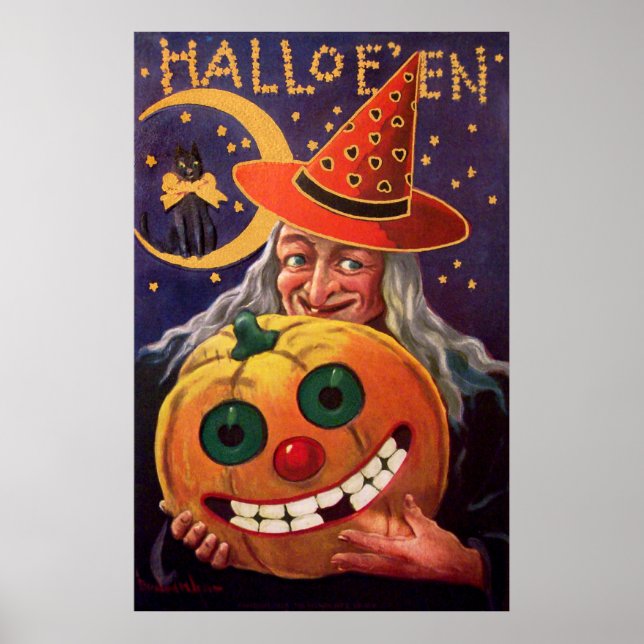 Poster Sorcière d'Halloween avec Citrouille drôle (Devant)