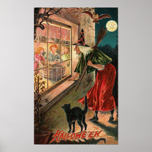 Poster Sorcière d'Halloween, Chat Staring dans la fenêtre