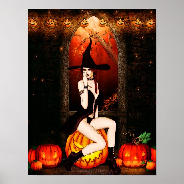 Poster Sorcière d'Halloween et citrouille (Devant)
