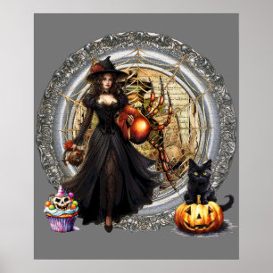 Poster Sorcière Et Chat Halloween