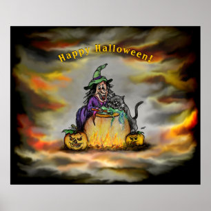 Poster Sorcière et chat noir, Happy Halloween !