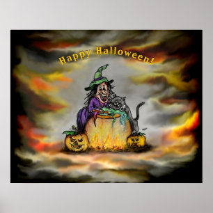 Poster Sorcière et chat noir, Happy Halloween !