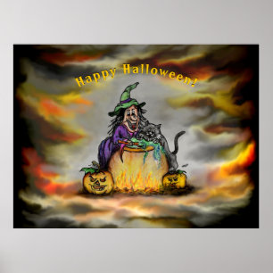 Poster Sorcière et chat noir, Joyeux Halloween !