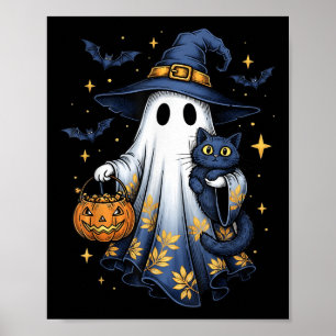 Poster Sorcière fantôme d'Halloween tenant un chat noir d