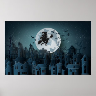 Poster Sorcière Halloween coupée au-dessus du village