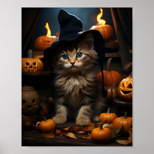 Poster Sorcière Halloween Kitten Avec Feuilles Et Citroui