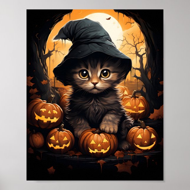 Poster Sorcière Halloween Kitten Avec Feuilles Et Citroui (Devant)