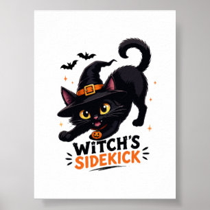 Poster Sorcière Mignonne et son Chat Noir Compagnon Hallo