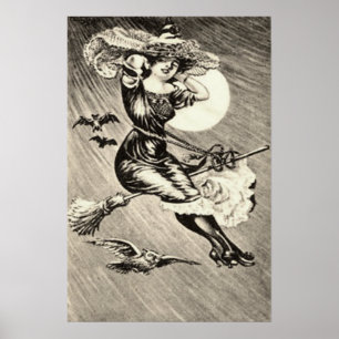 Poster Sorcière monochrome volant balai chauve-souris ple