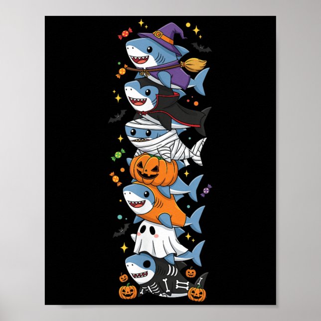 Poster Sorcière Requin Vampire Fantôme Drôle Halloween En (Devant)