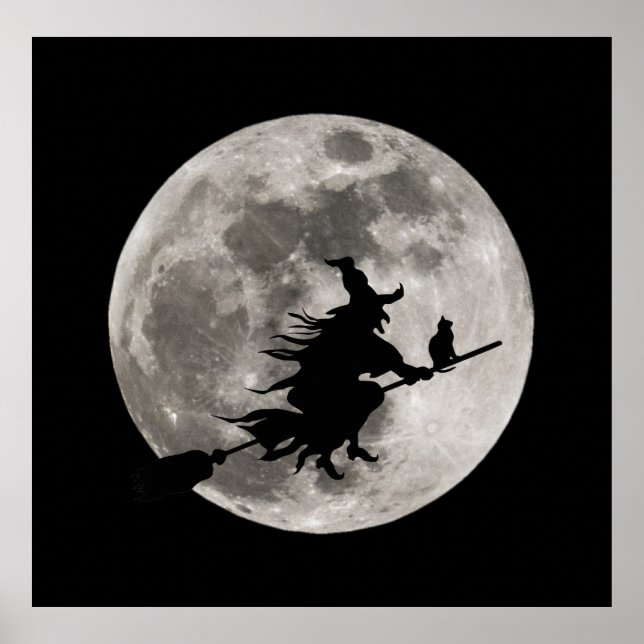 Poster Sorcière volante avec une lune brillante derrière  (Devant)