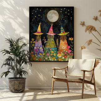 Poster Sorcières Whimsical Sous L'Art Plein Lune Colorée