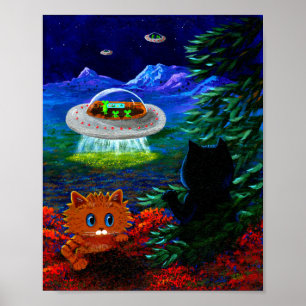 Poster Soucoupe volante UFO Drôle Chat noir Orange Tabby