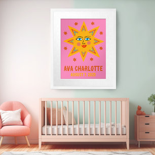 Poster Sourire Retro Sun CUSTOM NOM DE BÉBÉ NAISSANCE Art