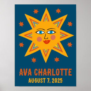 Poster Sourire Retro Sun CUSTOM NOM DE BÉBÉ NAISSANCE Art