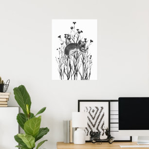 Poster Souris mignonne aquarelle suspendue aux fleurs
