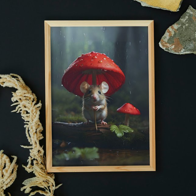 Poster Souris mignonne dans le champignon de forêt parapl (Créateur téléchargé)
