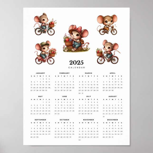 Poster Souris Whimsical sur les vélos Minimal 2025 Calend (Devant)