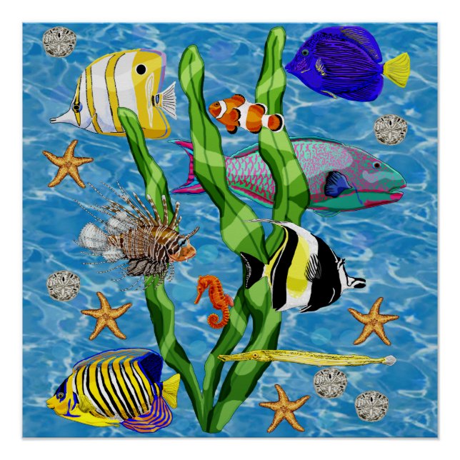 Poster Sous la mer avec des poissons tropicaux (Devant)