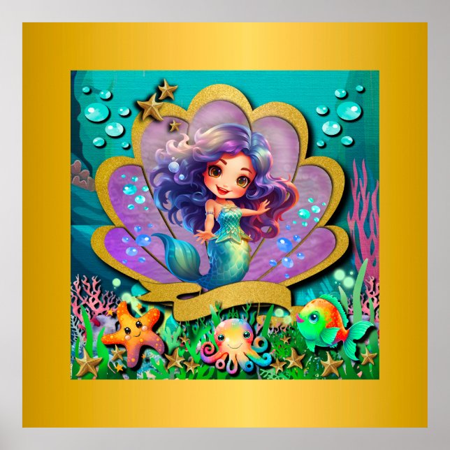 Poster Sous la mer et sirène fête d'anniversaire fille (Devant)