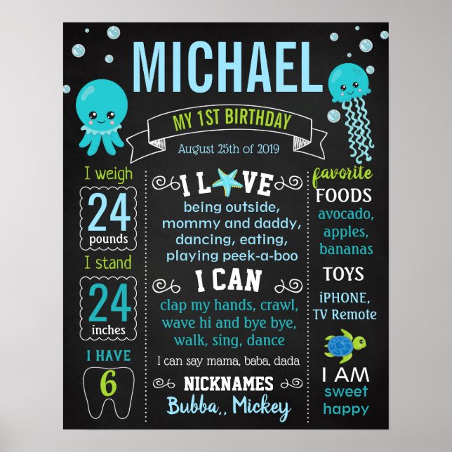 Poster Sous la mer Jelly fish Tortue Anniversaire (Devant)