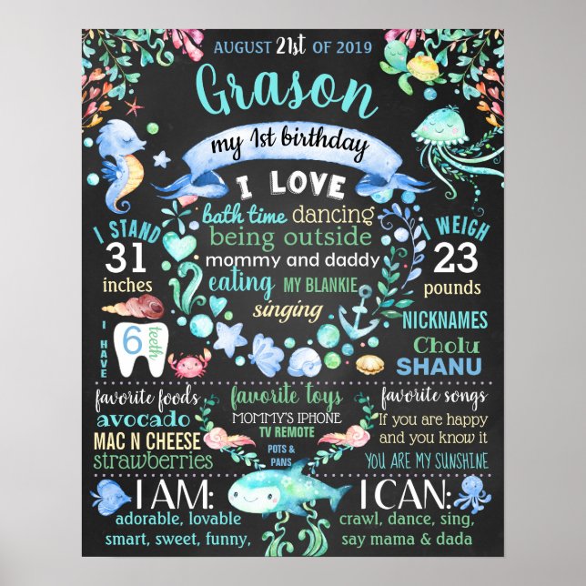 Poster Sous la mer Premier signe de fête d'anniversaire (Devant)