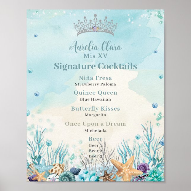 Poster Sous la mer Quinceanera Cocktails Bar Menu (Devant)