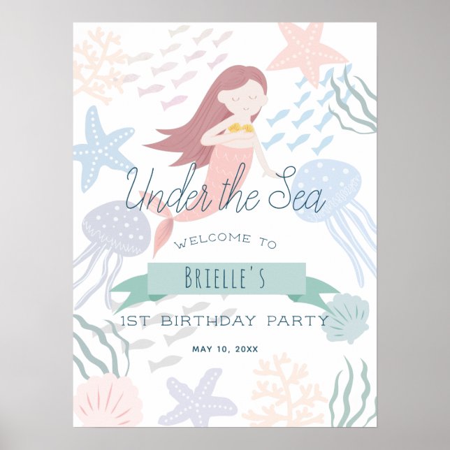Poster Sous la mer Sirène blanc accueil d'anniversaire (Devant)