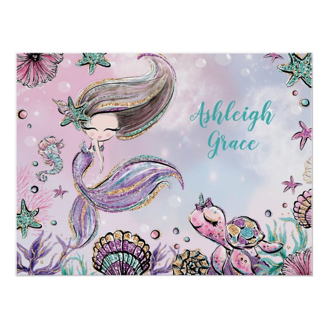 Poster Sous la mer Sirène & Tortue Nourriture bébé fille (Devant)