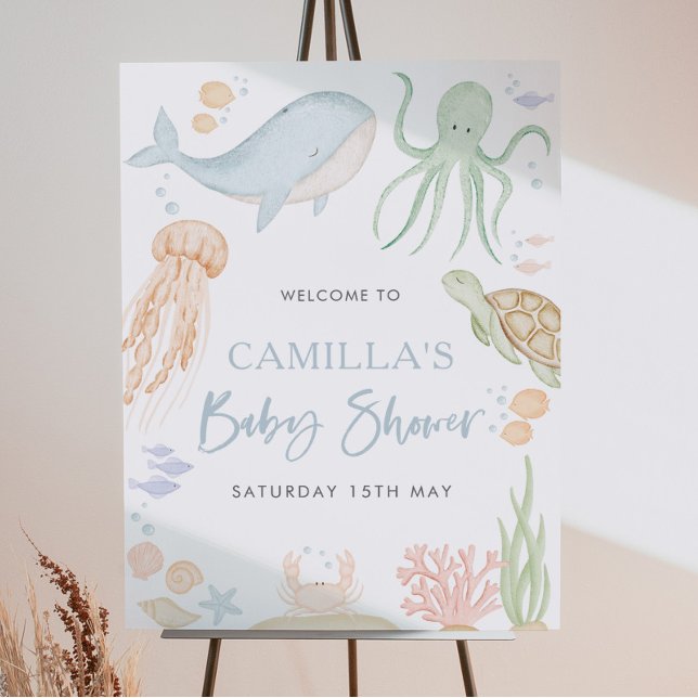 Poster Sous L'Affiche de bienvenue Baby shower Mer 18x24" (Under The Sea Baby Shower Welcome Sign)