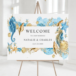 Poster Sous l'Affiche de bienvenue Mariage Sea Blue Gold